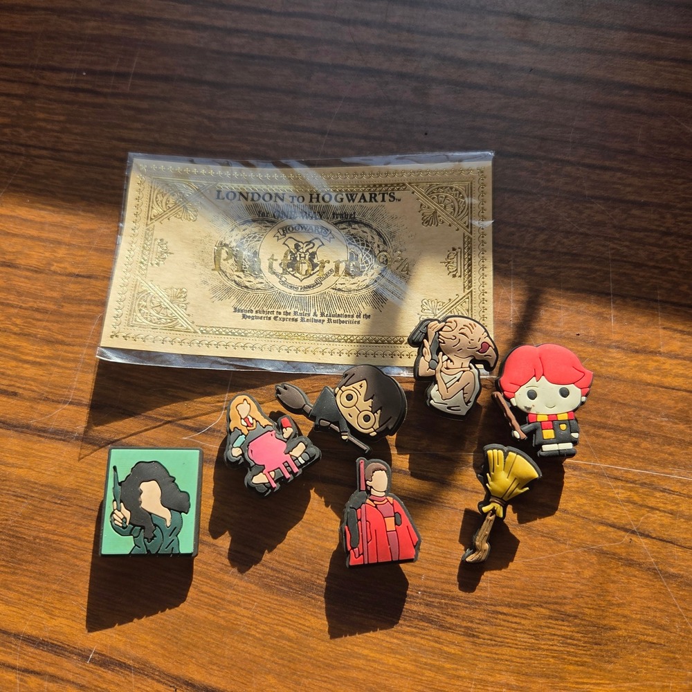 Harry Potter Shoe Charms Set 7pc Dobby Ron Hermione Hogwarts Ticket PVC Charms